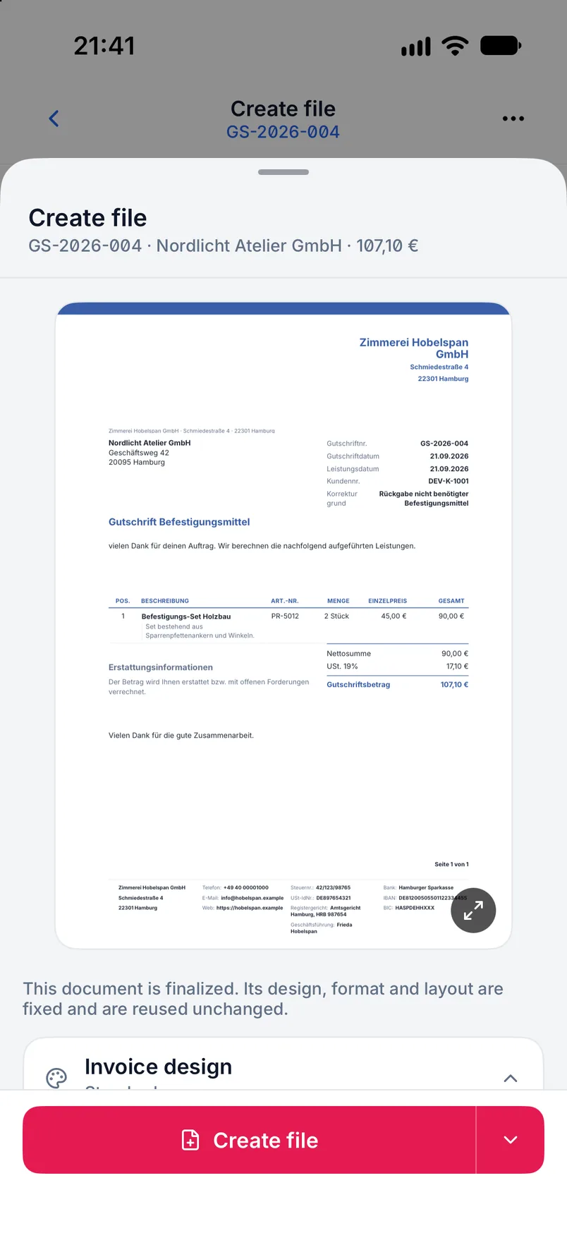 Credit note in Billance referencing the original invoice, with correction reason and line items