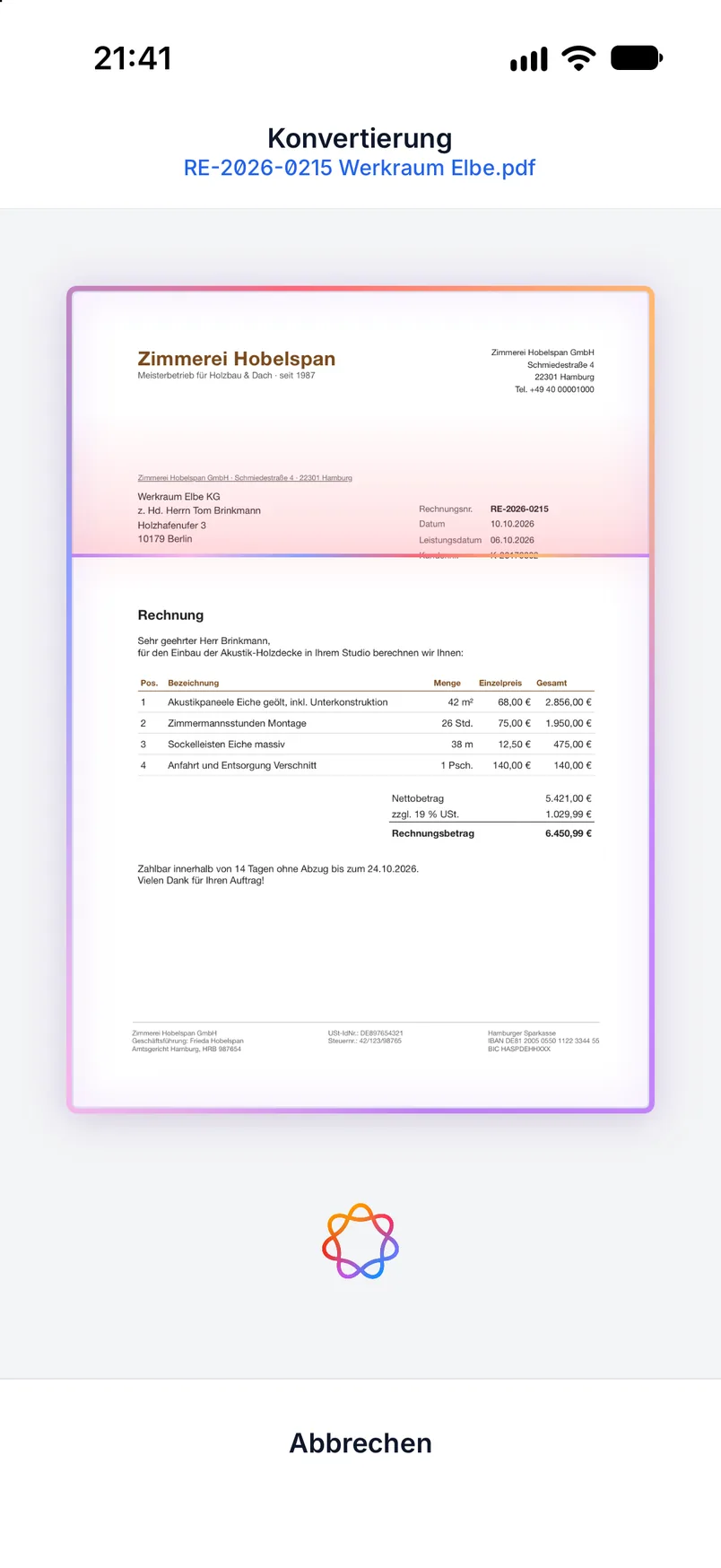 Konverter in Billance mit geladenem PDF, erkannten Feldern und der Vorschau des Dokuments