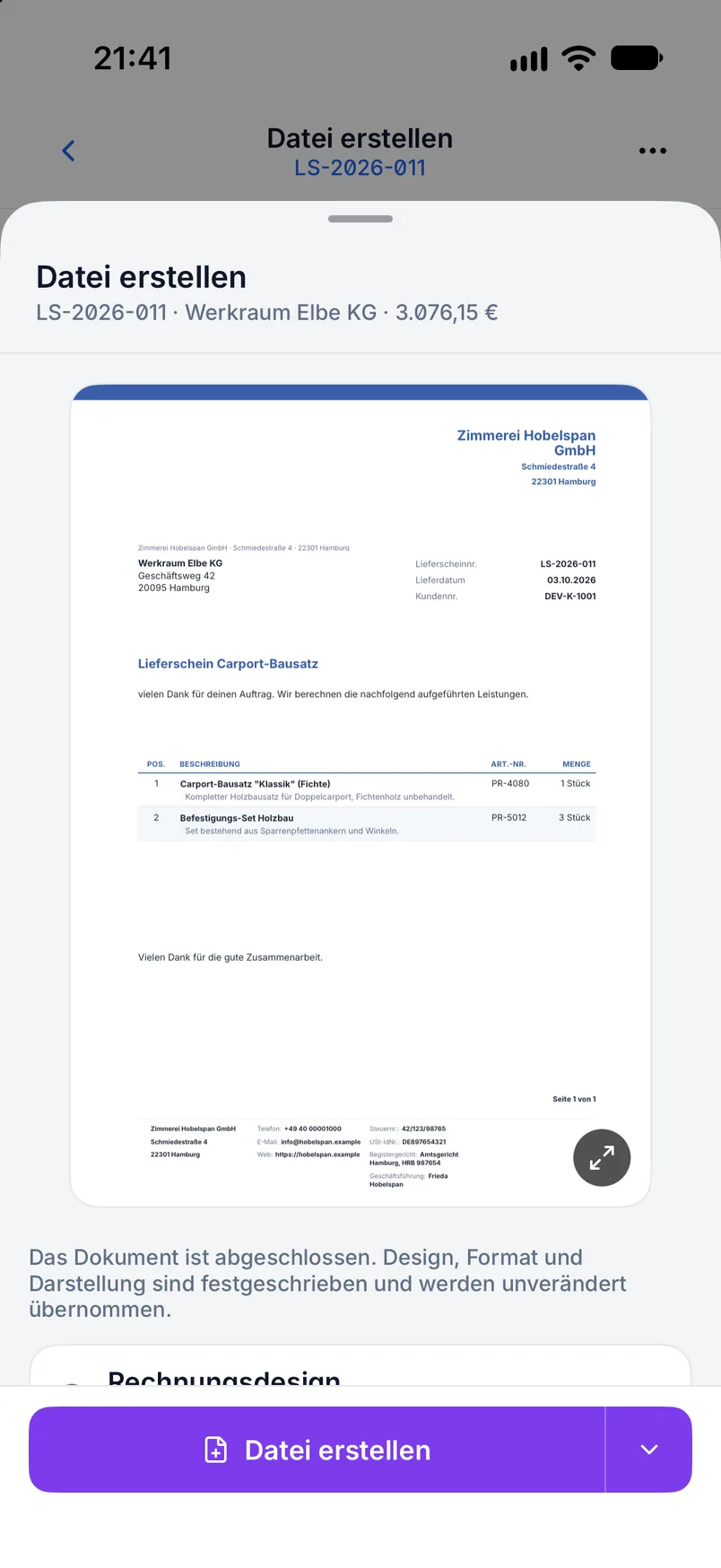 Lieferschein in Billance mit Lieferdatum, Lieferadresse und Positionen ohne Preisangaben