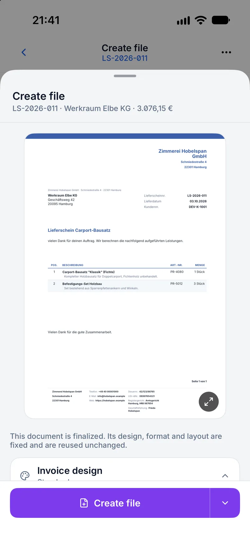Delivery note in Billance with delivery date, delivery address and line items without prices