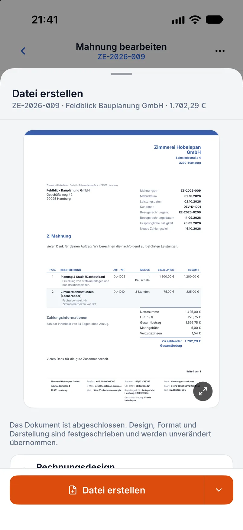 Mahnung in Billance mit Bezug zur Rechnung, Mahnstufe, Mahngebühr und neuem Zahlungsziel