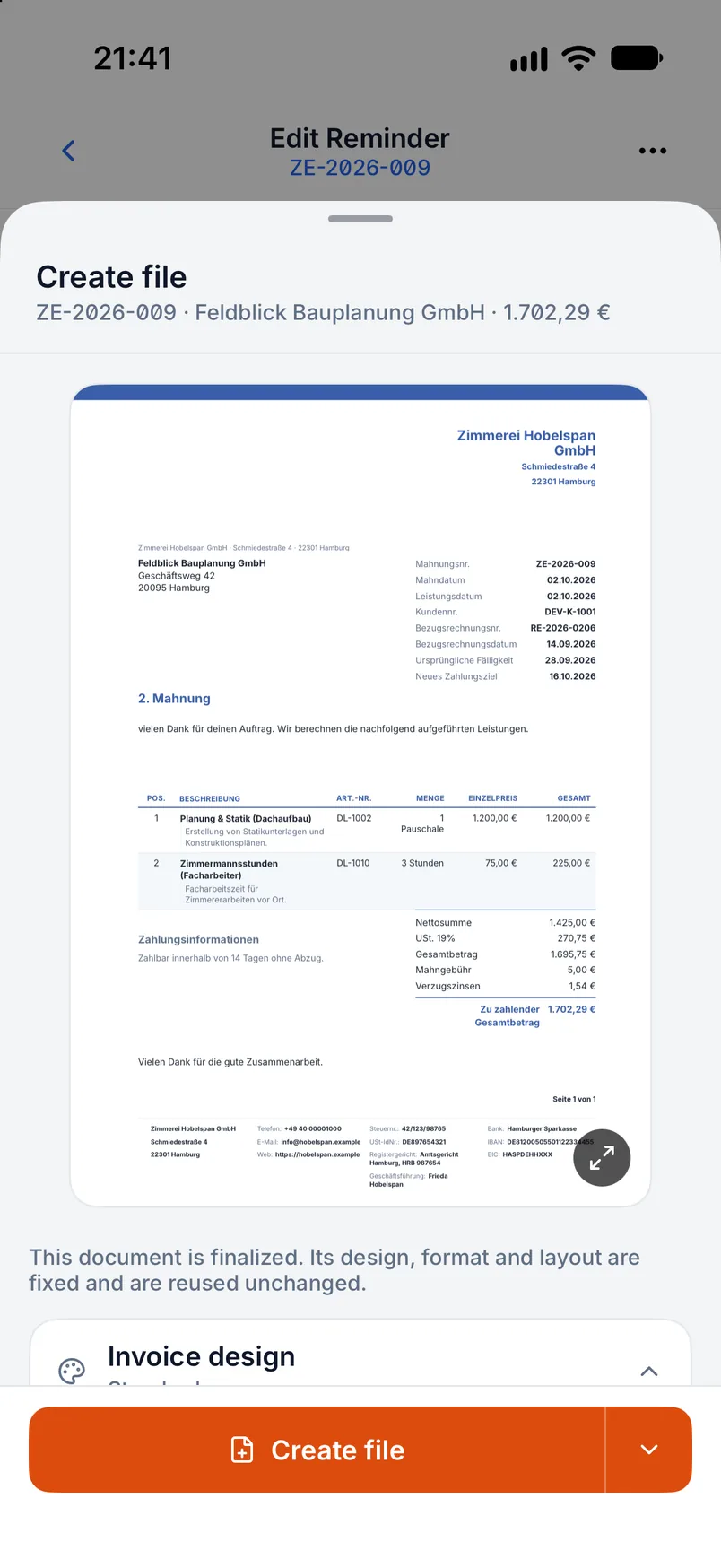 Payment reminder in Billance with the invoice reference, reminder level, fee and new payment deadline