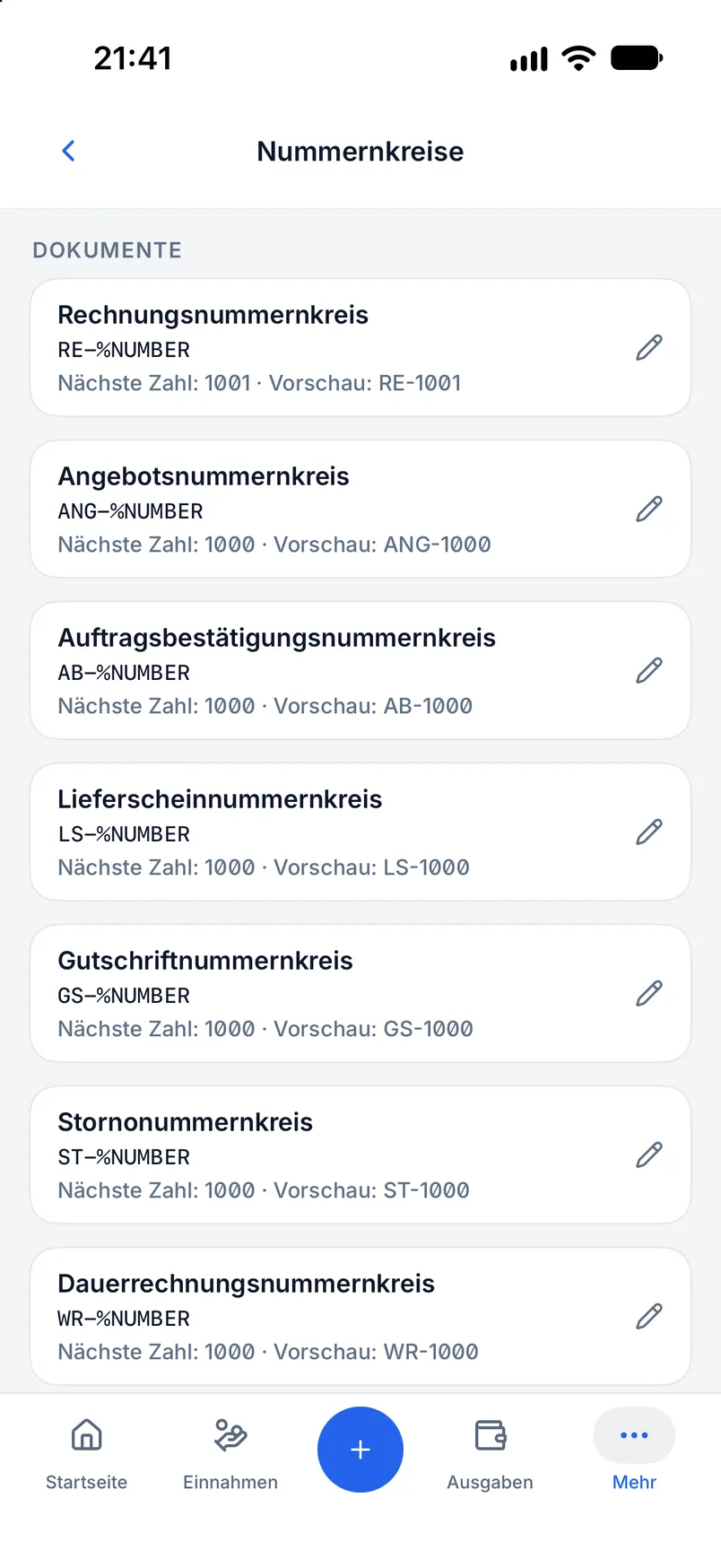 Nummernkreise in Billance mit Format, nächster Nummer und Vorschau je Dokumenttyp
