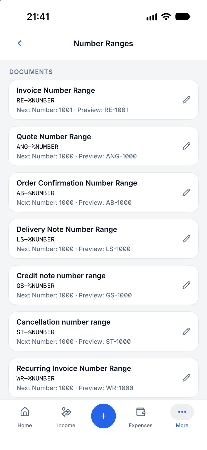 Number ranges in Billance with format, next number and preview per document type