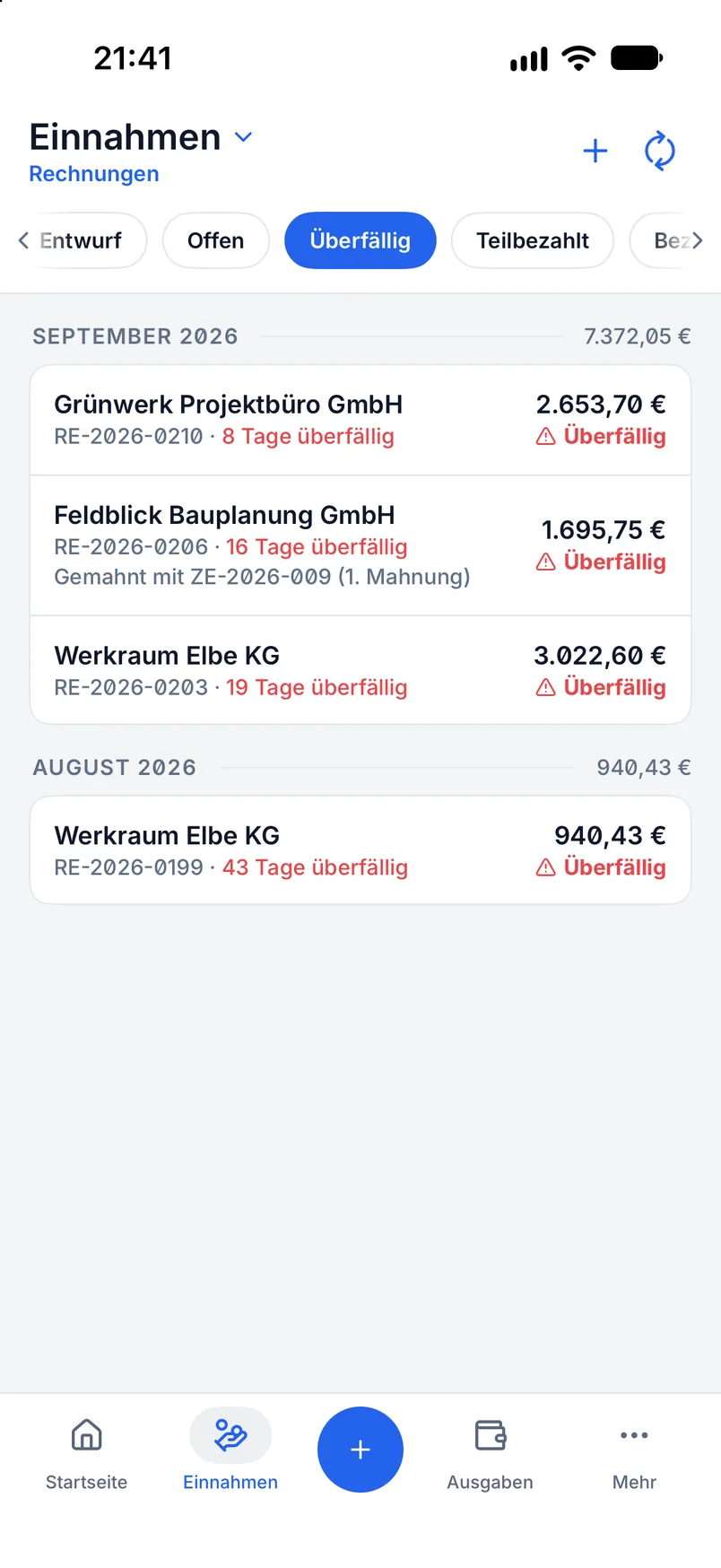 Offene Posten in Billance mit Fälligkeit, Zahlungsstatus und Bruttobeträgen je Beleg