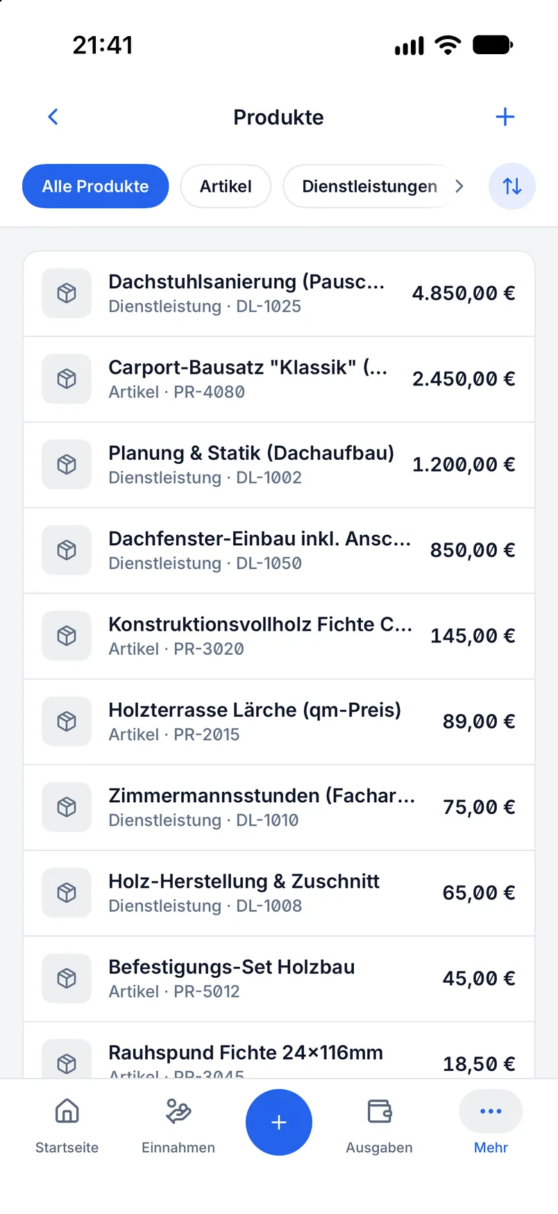 Produktkatalog in Billance mit Kategorien, Artikelnummern, Preisen und Steuersätzen