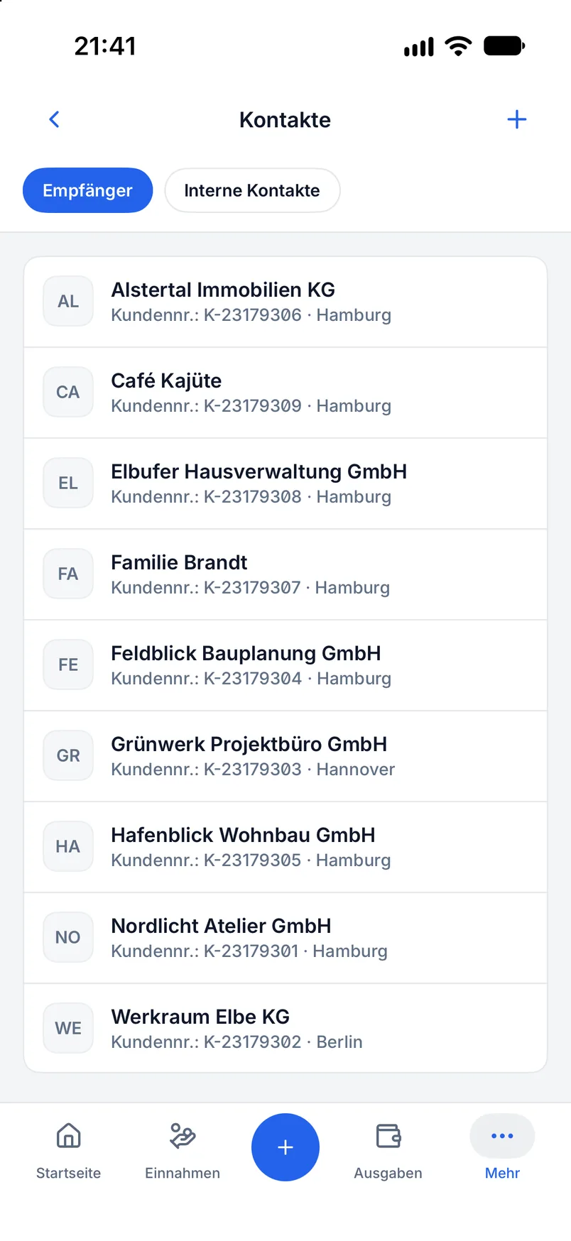 Empfängerverwaltung in Billance mit Kontaktliste und Detailformular für Adressen und Konditionen