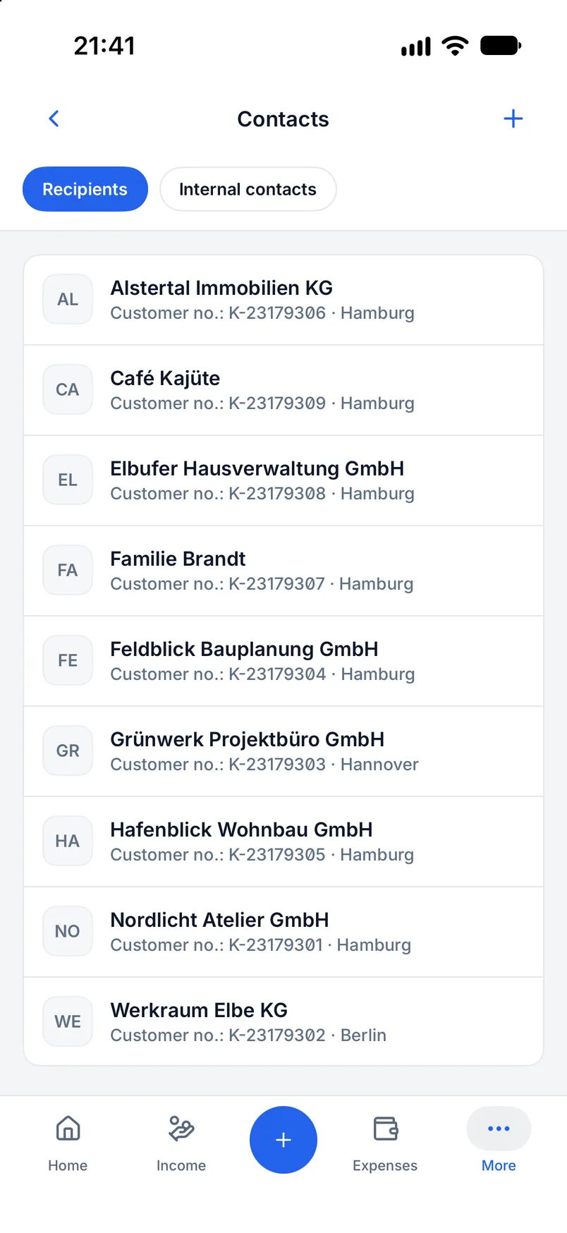 Recipient management in Billance with a contact list and a detail form for addresses and terms