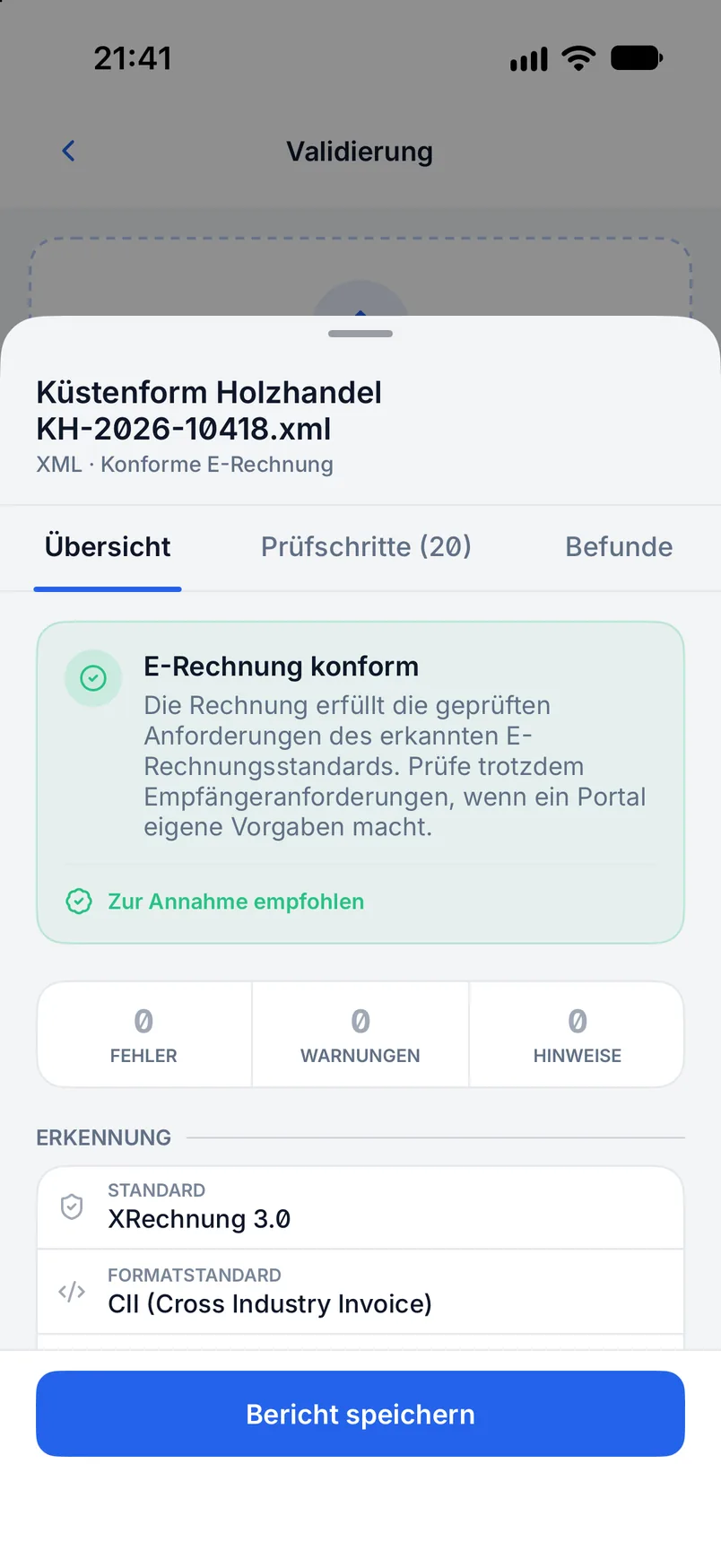 Validierungsergebnis in Billance mit Prüfstatus, Regelwerken und einzelnen Befunden zu einer XML-Datei