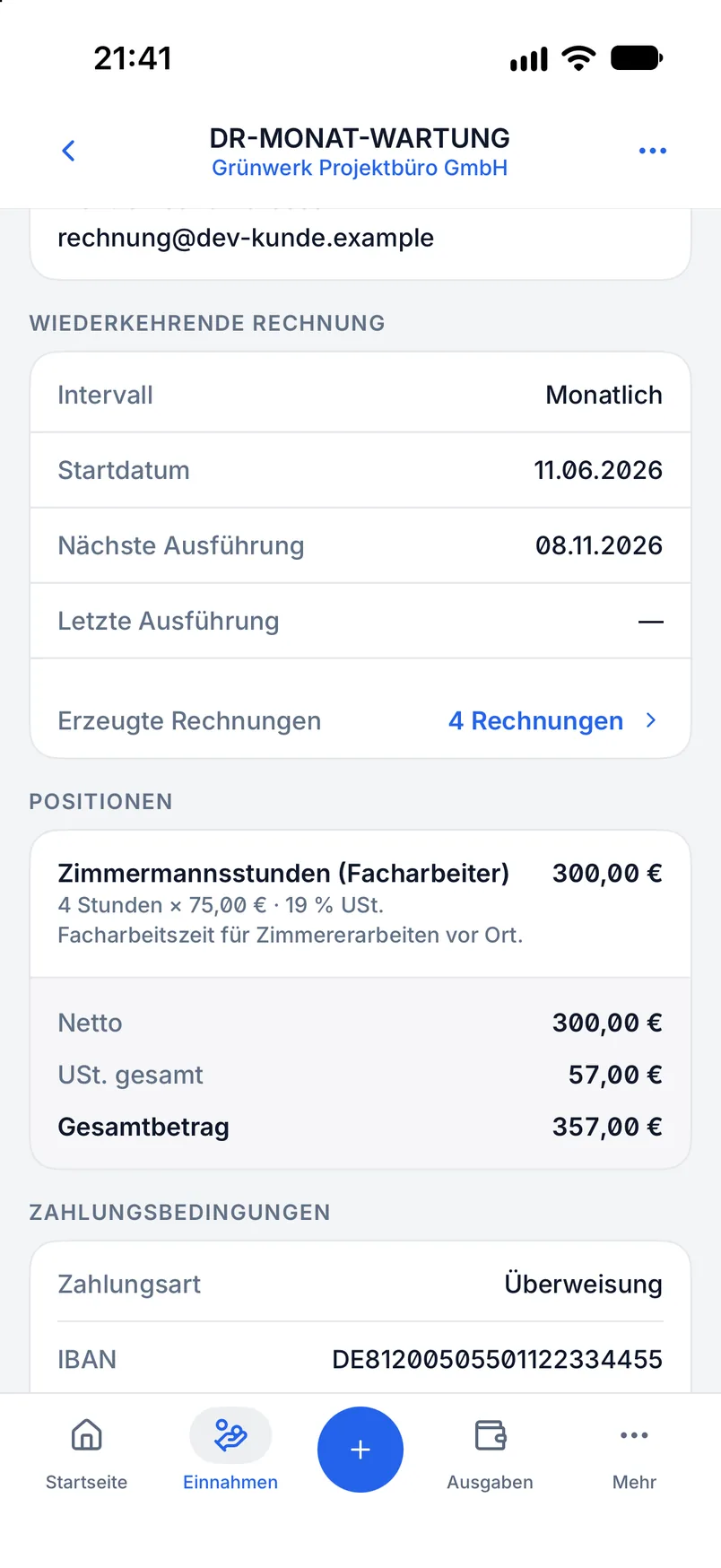 Wiederkehrende Rechnung in Billance mit Intervall, Startdatum, nächster Ausführung und Positionen