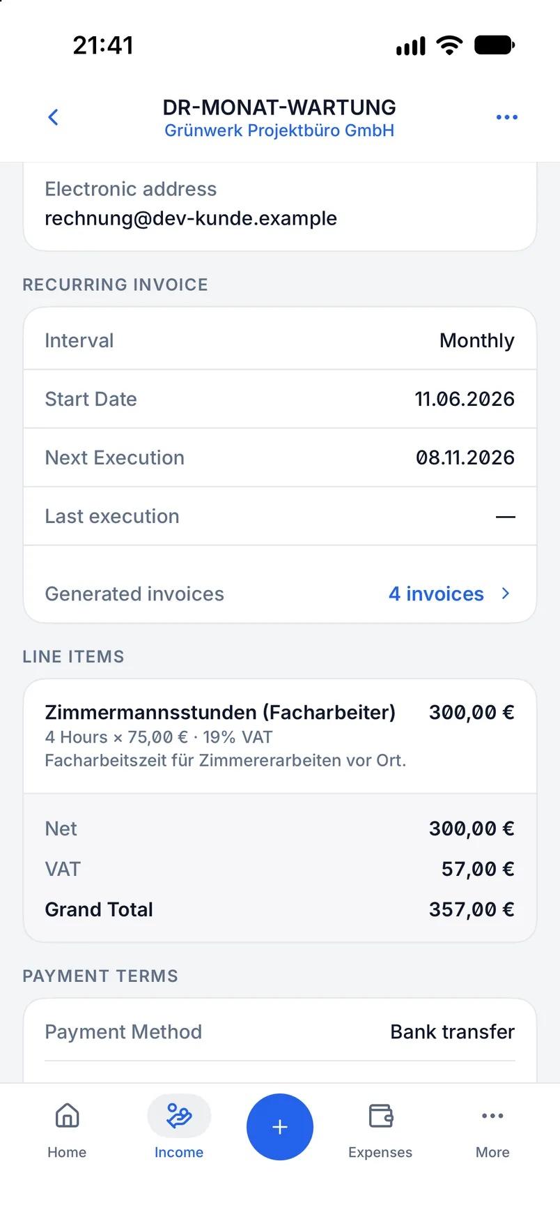 Recurring invoice in Billance with interval, start date, next run and line items