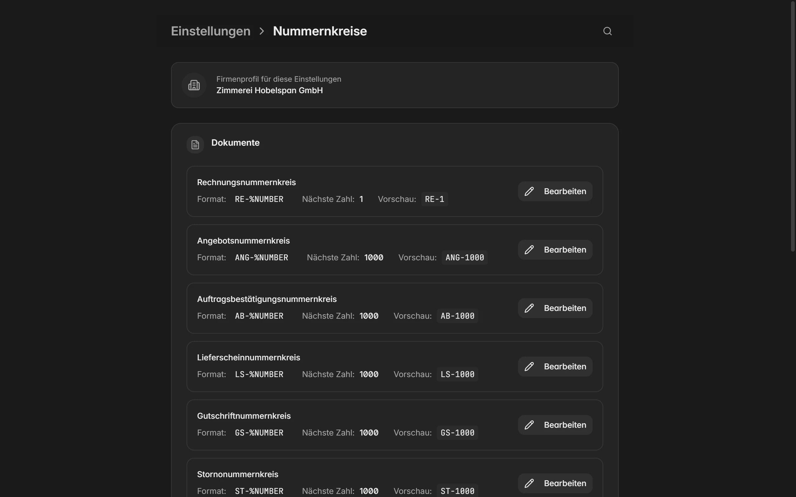 Nummernkreise in Billance mit Format, nächster Nummer und Vorschau je Dokumenttyp