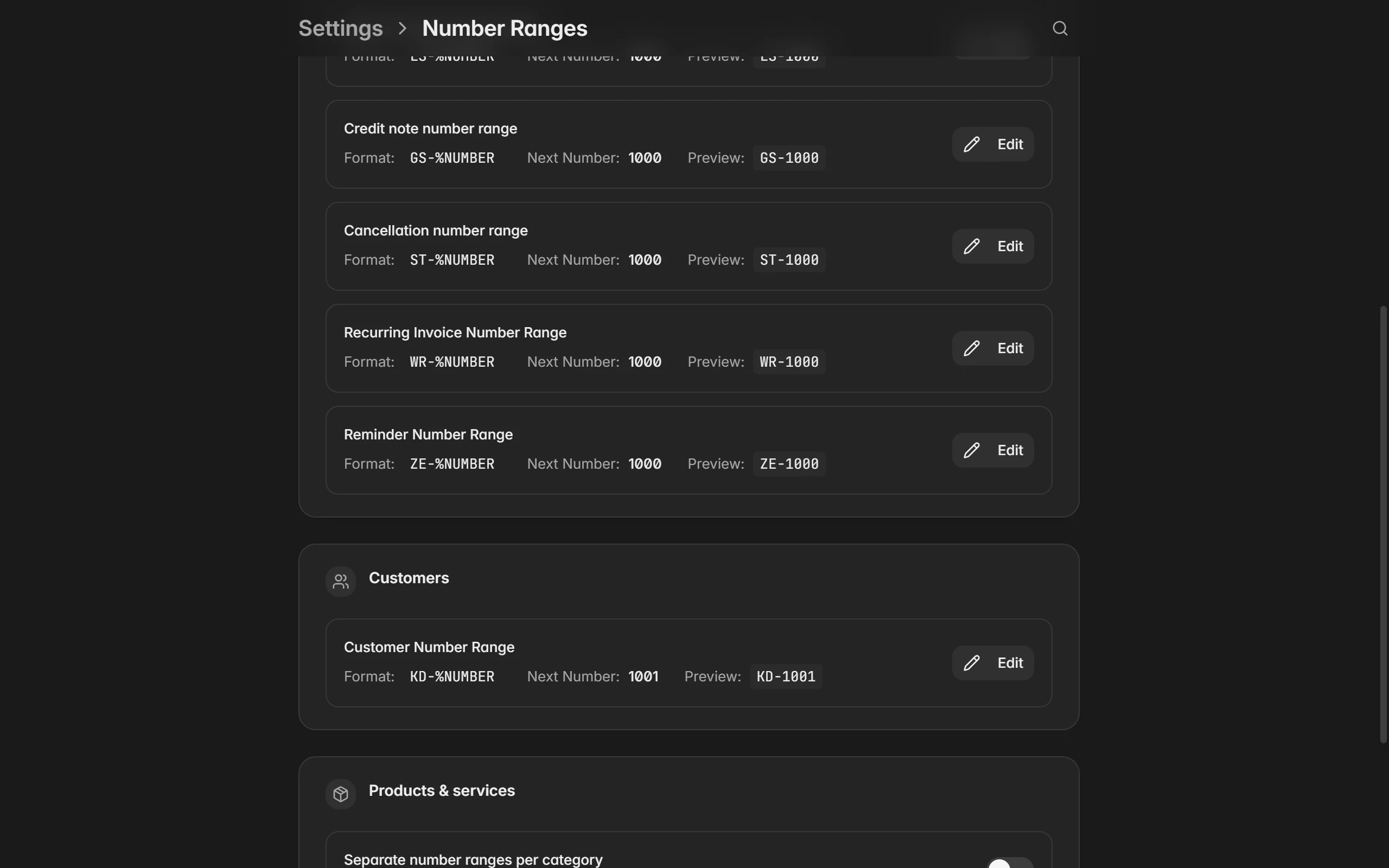 Number ranges in Billance with format, next number and preview per document type