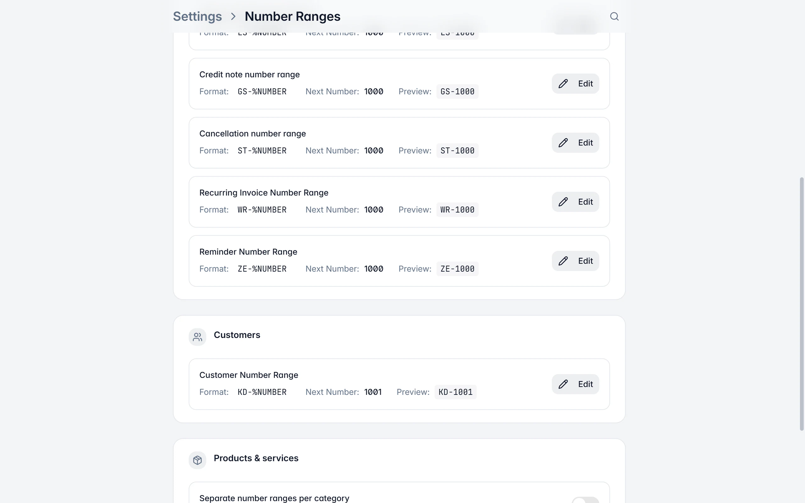 Number ranges in Billance with format, next number and preview per document type
