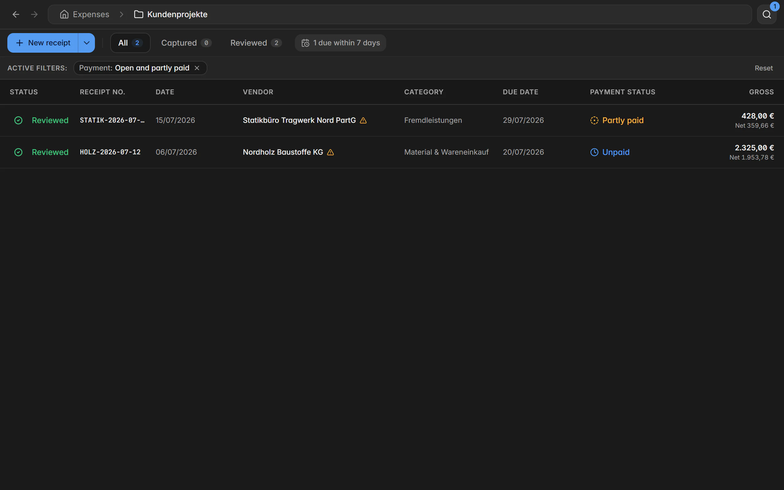 Open items in Billance with due date, payment status and gross amounts per receipt