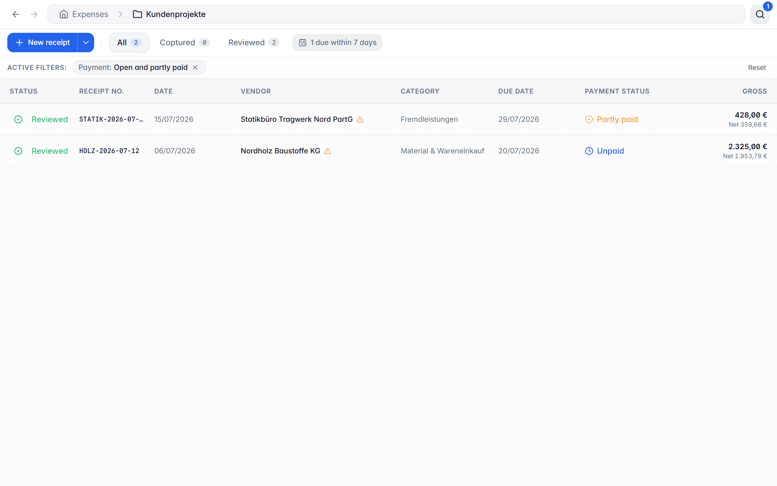 Open items in Billance with due date, payment status and gross amounts per receipt