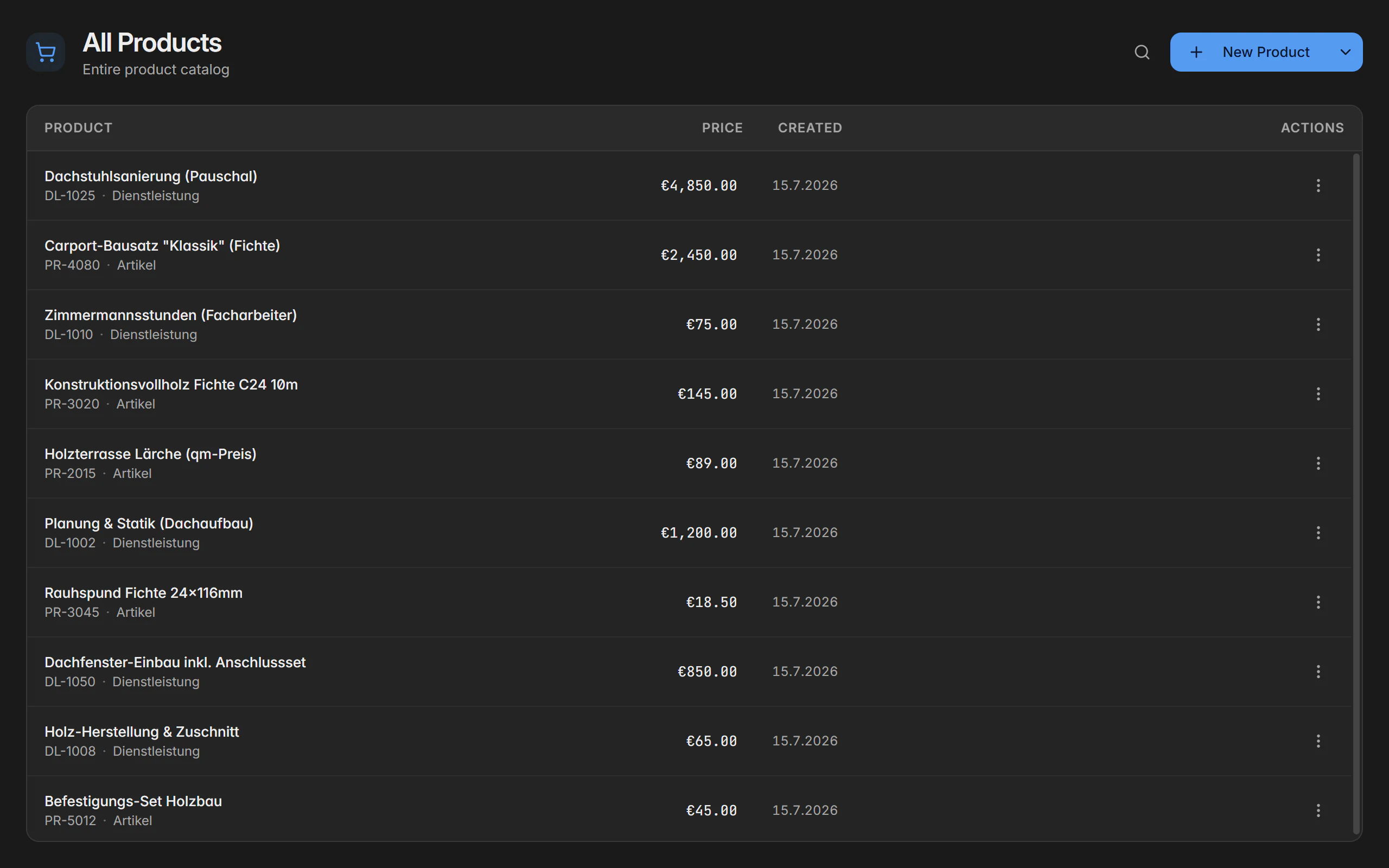 Product catalogue in Billance with categories, article numbers, prices and tax rates