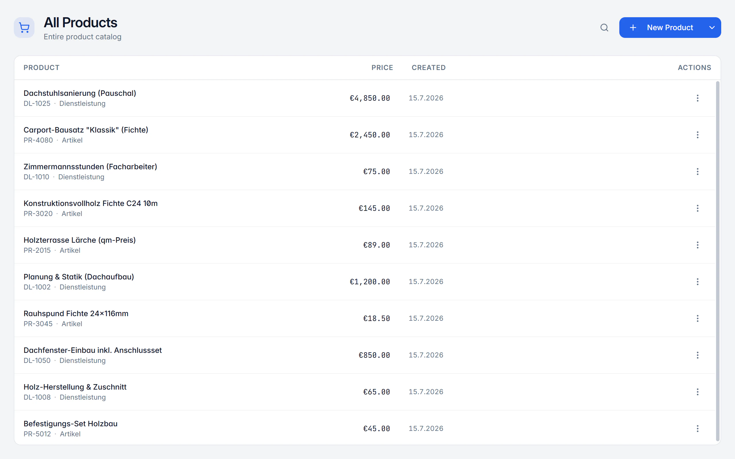 Product catalogue in Billance with categories, article numbers, prices and tax rates