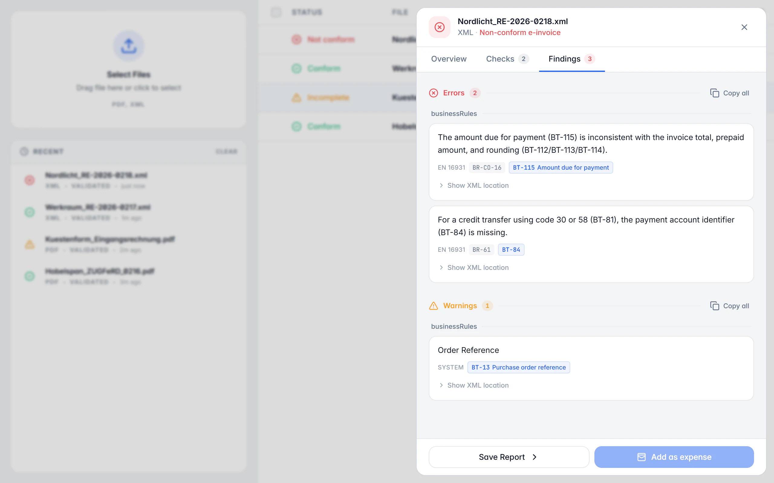 Validation result in Billance with check status, rule sets and individual findings for an XML file