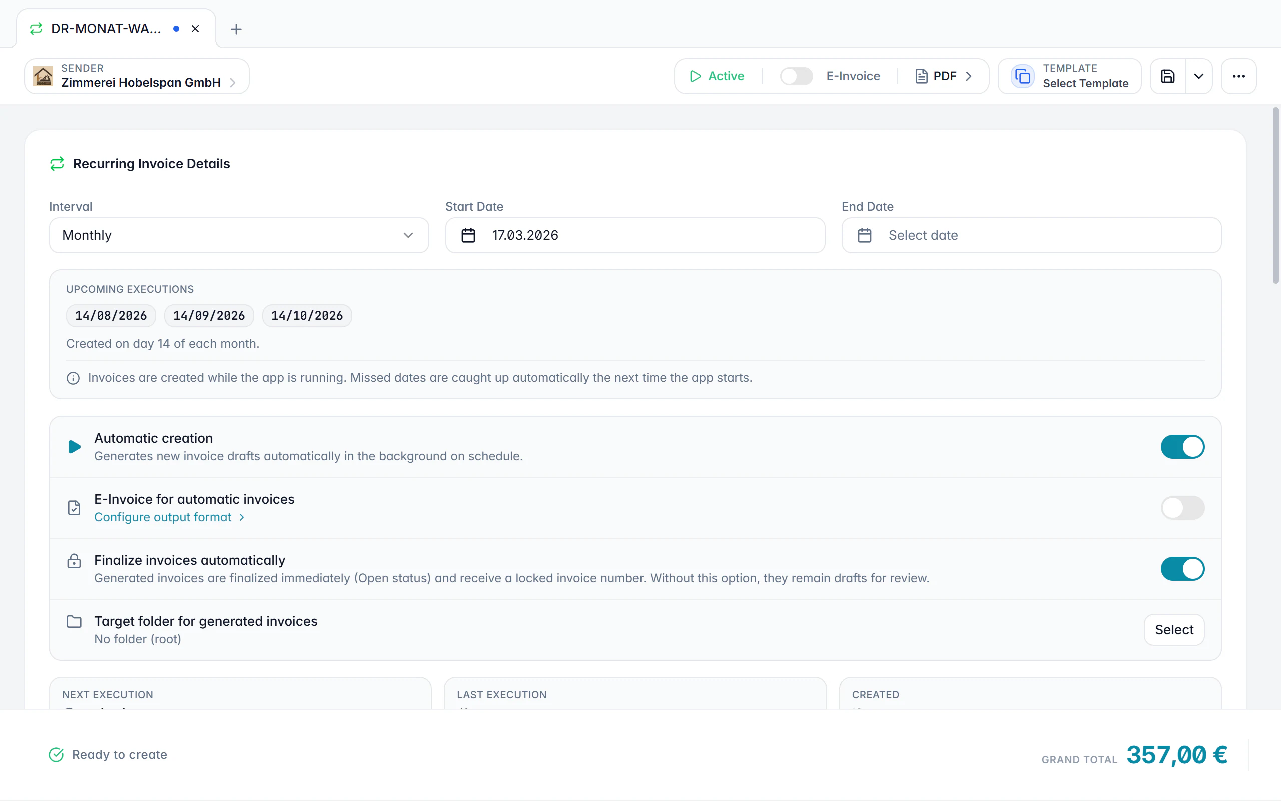 Recurring invoice in Billance with interval, start date, next run and line items